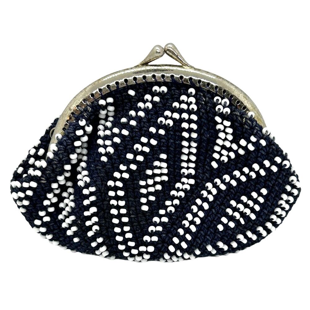 Coin Purse Navy Blue with White Bead Design Clasp Close